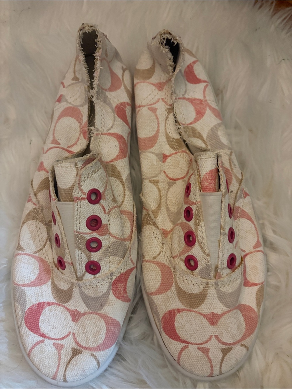 Coach Kids Canvas Slip-On Sneakers in Pink & Beige with Fuchsia Eyelets